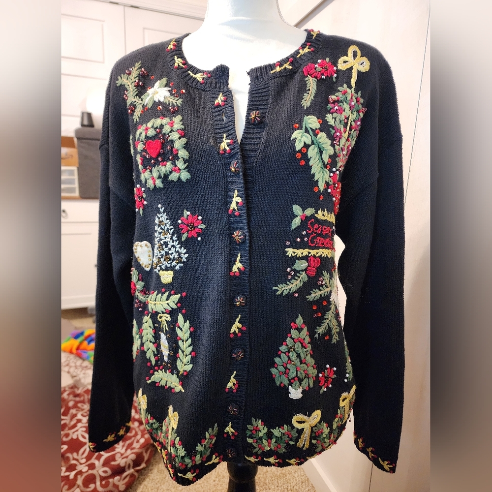 Festive Black Cardigan with Holiday Christmas Embroidery Sz Medium